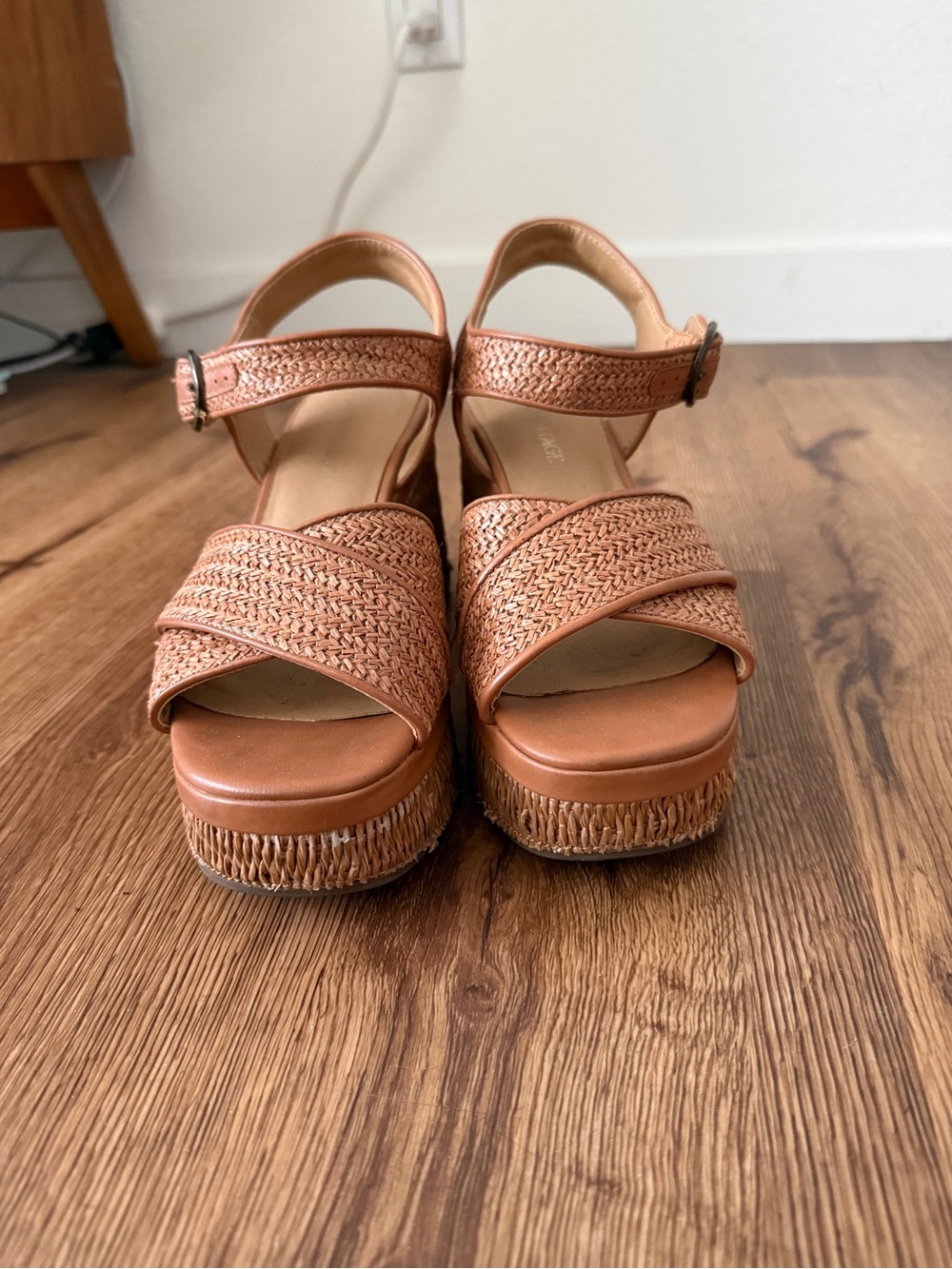 Crown Vintage Woven Platform Sandals in Cognac Brown